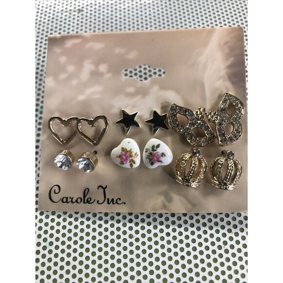 NEW 6 Pair of Stud Fashion Earrings - Bows - Roses - Hearts - Picture 1 of 2
